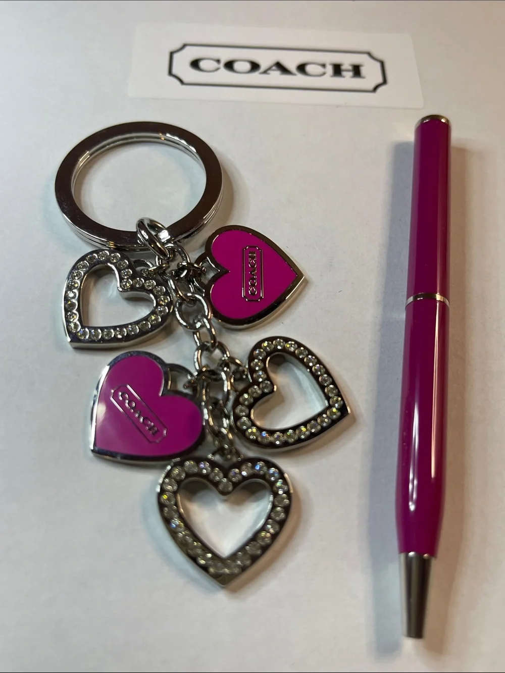 Coach Fuchsia Heart Dangle Keyring with Crystal Accents and Coach Pen